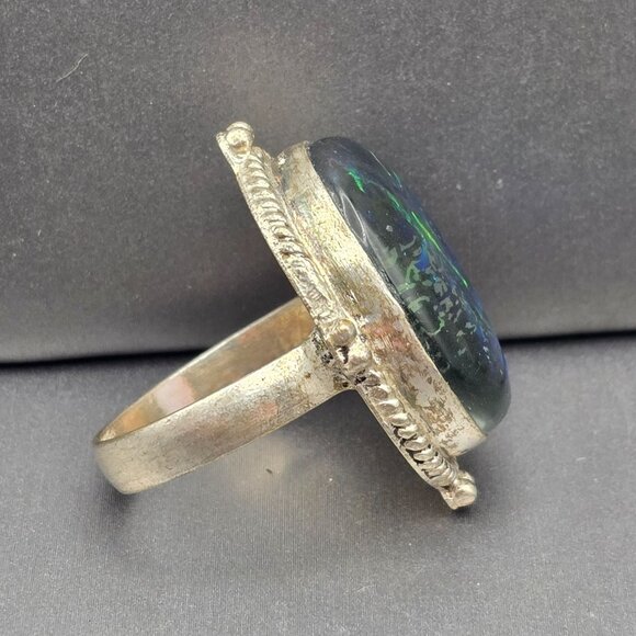 925 Sterling Silver Plt Dichroic Glass Ring Size 9 Green Iridescent Bezel Settin - Picture 7 of 12